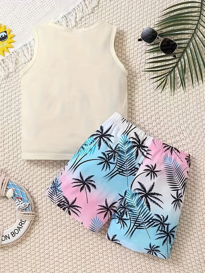 Boy's Coconut Trees Casual Outfit Round Neck Tank Top & Shorts Comfortable Breathable For Summer Kids Clothes Sets, Ideal For Daily & Outdoor Wear