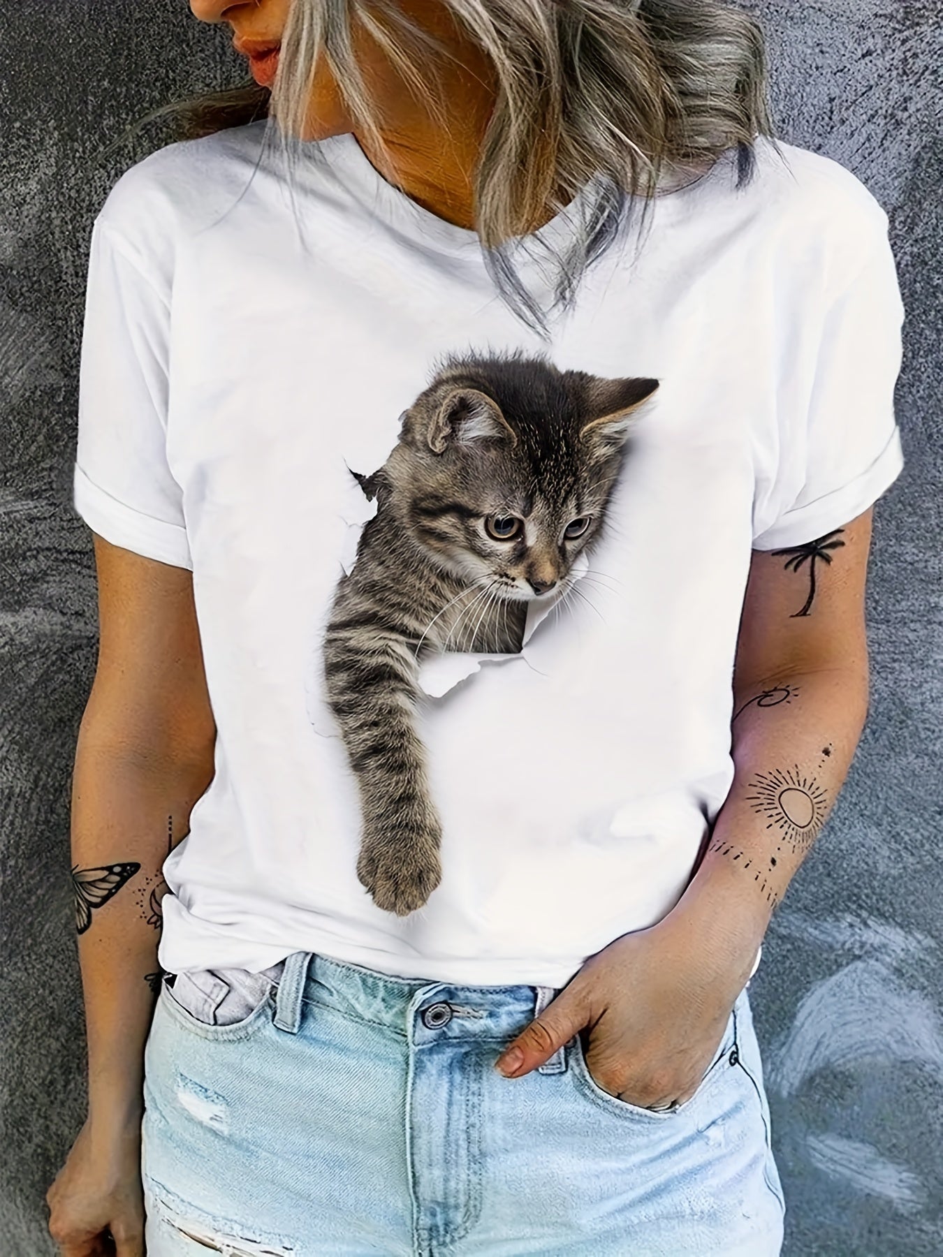 Cute Cat Print T-shirt, Crew Neck Short Sleeve T-shirt, Casual Everyday Tops, Women's Clothing