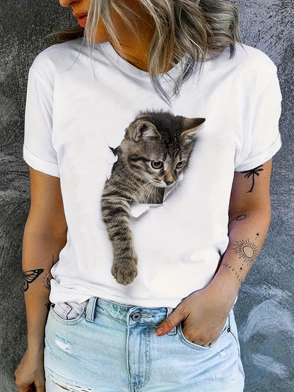 Cute Cat Print T-shirt, Crew Neck Short Sleeve T-shirt, Casual Everyday Tops, Women's Clothing