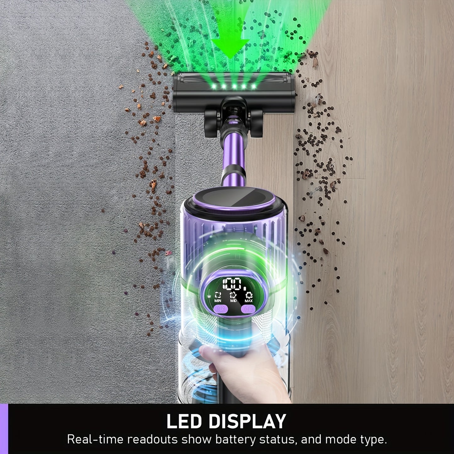 High Suction Home Cordless Vacuum Cleaner, 10-in-1 Multi-Purpose Cane Vacuum Cleaner, 45-Minute Range, 3 Suction Modes with Upgraded Green LED Lights And Tangle-Free Brush for Home, Hardwood Floors, Carpets And Pet Hair.