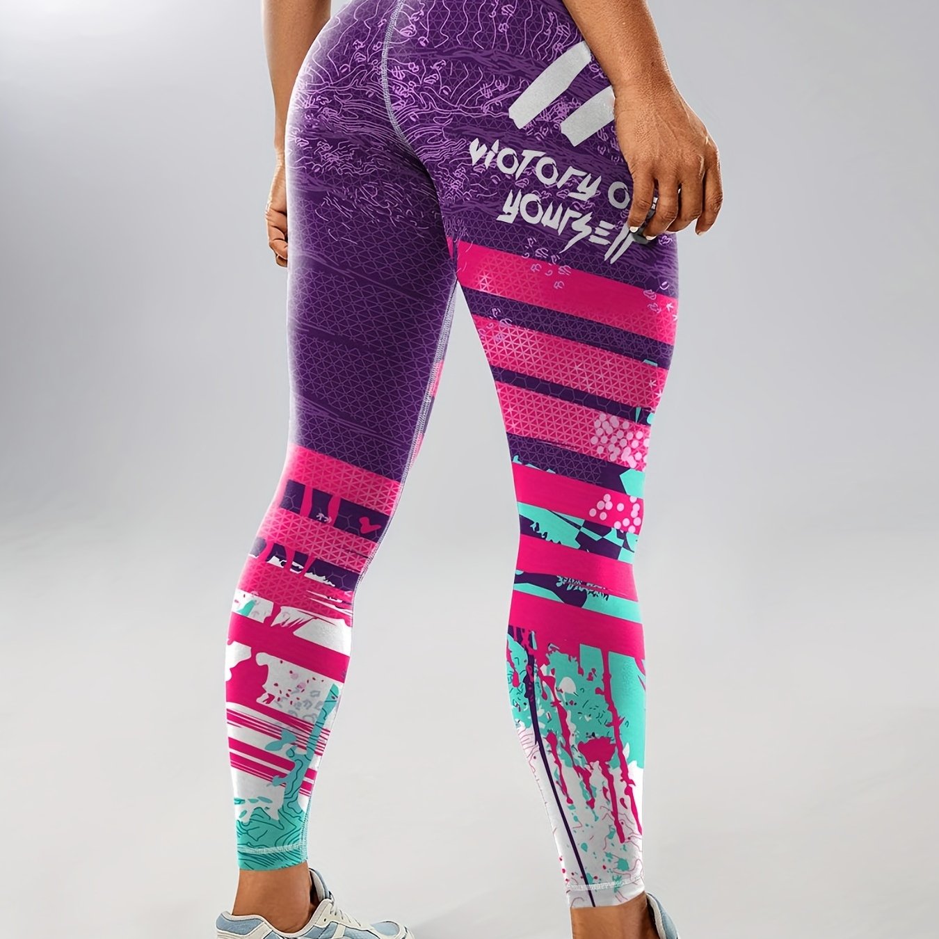 Women's Fashion Color Block Splash Print Yoga Pants, Striped Print Breathable Stretchy Butt Lifting Yoga Workout Running Sports Leggings, Women's Activewear