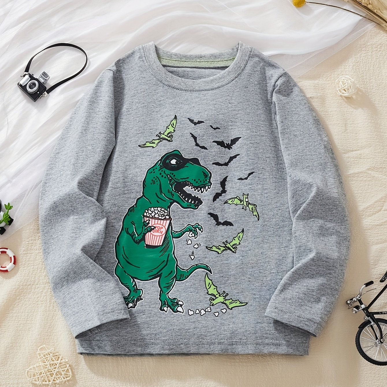 Boys' Long Sleeve Cotton T-Shirt, Casual Crew Neck, Dinosaur Print, Breathable Knit Fabric, for Fall - Casual & Outdoor Wear