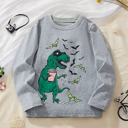Boys' Long Sleeve Cotton T-Shirt, Casual Crew Neck, Dinosaur Print, Breathable Knit Fabric, for Fall - Casual & Outdoor Wear