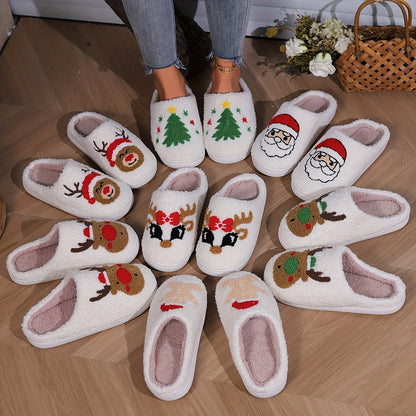 Pantufas felpudas com estampado de árvore de Natal, chinelos de inverno fechados e quentinhos para usar em casa, pantufas aconchegantes de sola macia e felpuda.