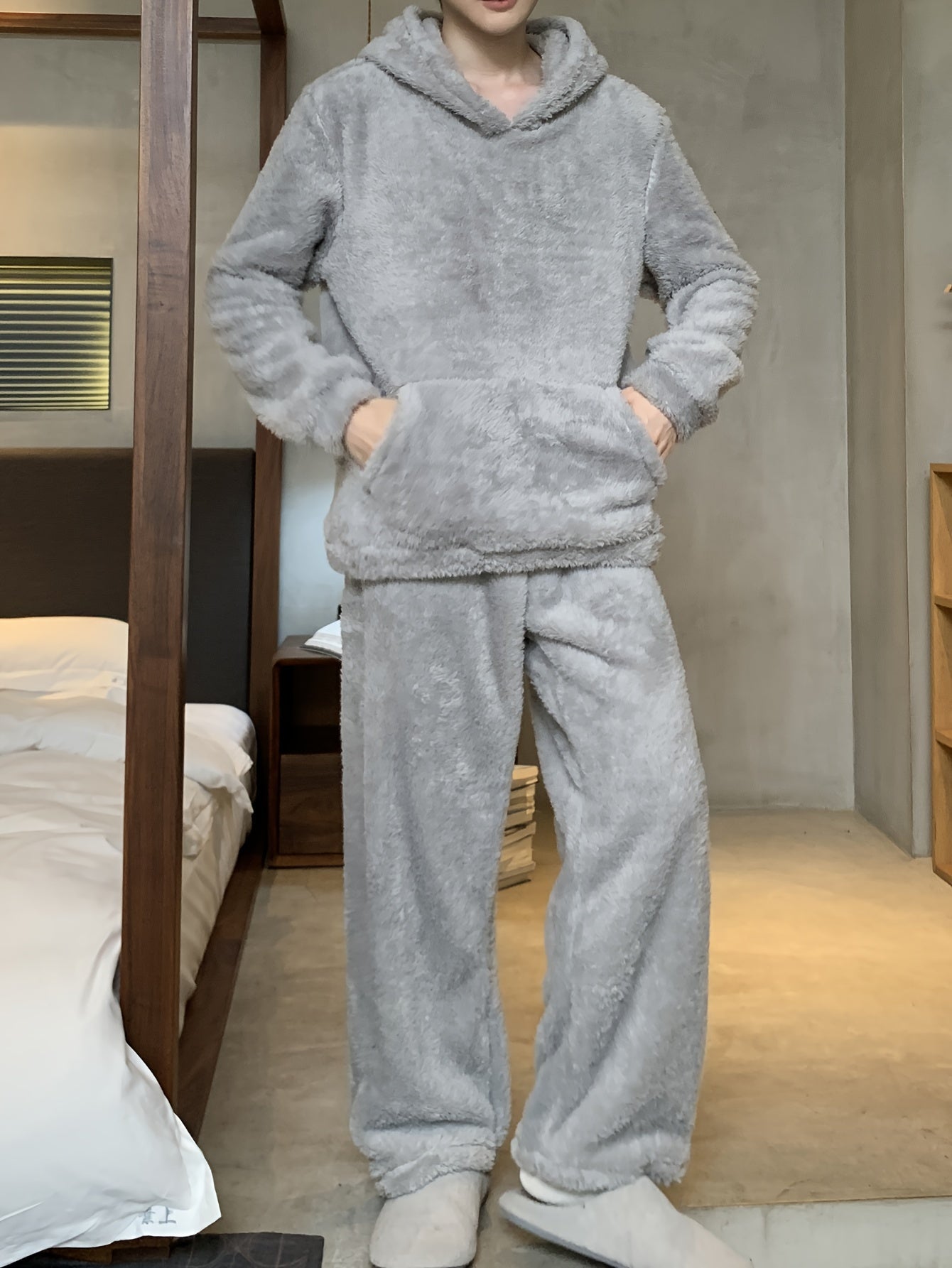 Men's Coral Velvet Pajamas Autumn and Winter Thickened Velvet Winter Hooded Flannel Warm Youth Pajama Set