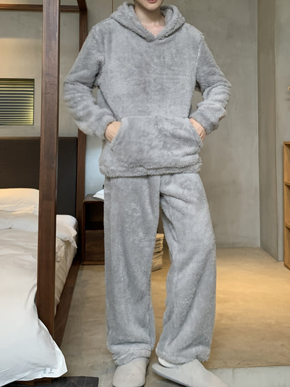 Men's Coral Velvet Pajamas Autumn and Winter Thickened Velvet Winter Hooded Flannel Warm Youth Pajama Set