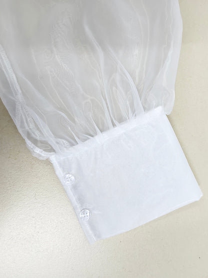 Elegant Plus Size Women'S Blouse with Sexy Bow Collar, Bubble Sleeves, and Pearl Accents - Chic Solid Color Non-Stretch Fabric for All Seasons, Plus Size Blouses