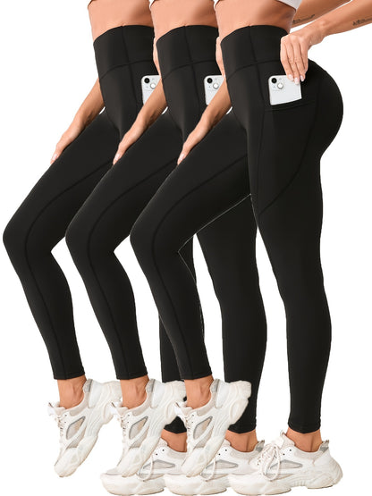 3pcs High-Waist Yoga Leggings with Pockets - Tummy Control, Slimming Effect, Stretchy & Breathable Fabric, Black/Brown/Gray, Perfect for Yoga & Casual Attire