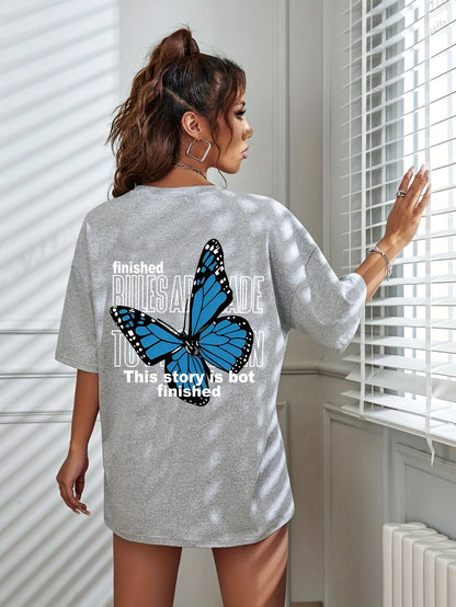 Butterfly Print Loose Sports Short Sleeves Top, Round Neck Running Casual T-shirt, Women's Activewear