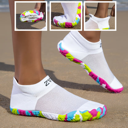 ZVB Women's All-Terrain Water Shoes - Slip- Rubber Sole & Arch, Breathable Quick- Slip-On/Wear, Lightweight Cushioned Insole for Swimming, Yoga, Surfing, Hiking, Beach - All-Season Indoor/ Aquatic Shoes with Elastic Woven Upp