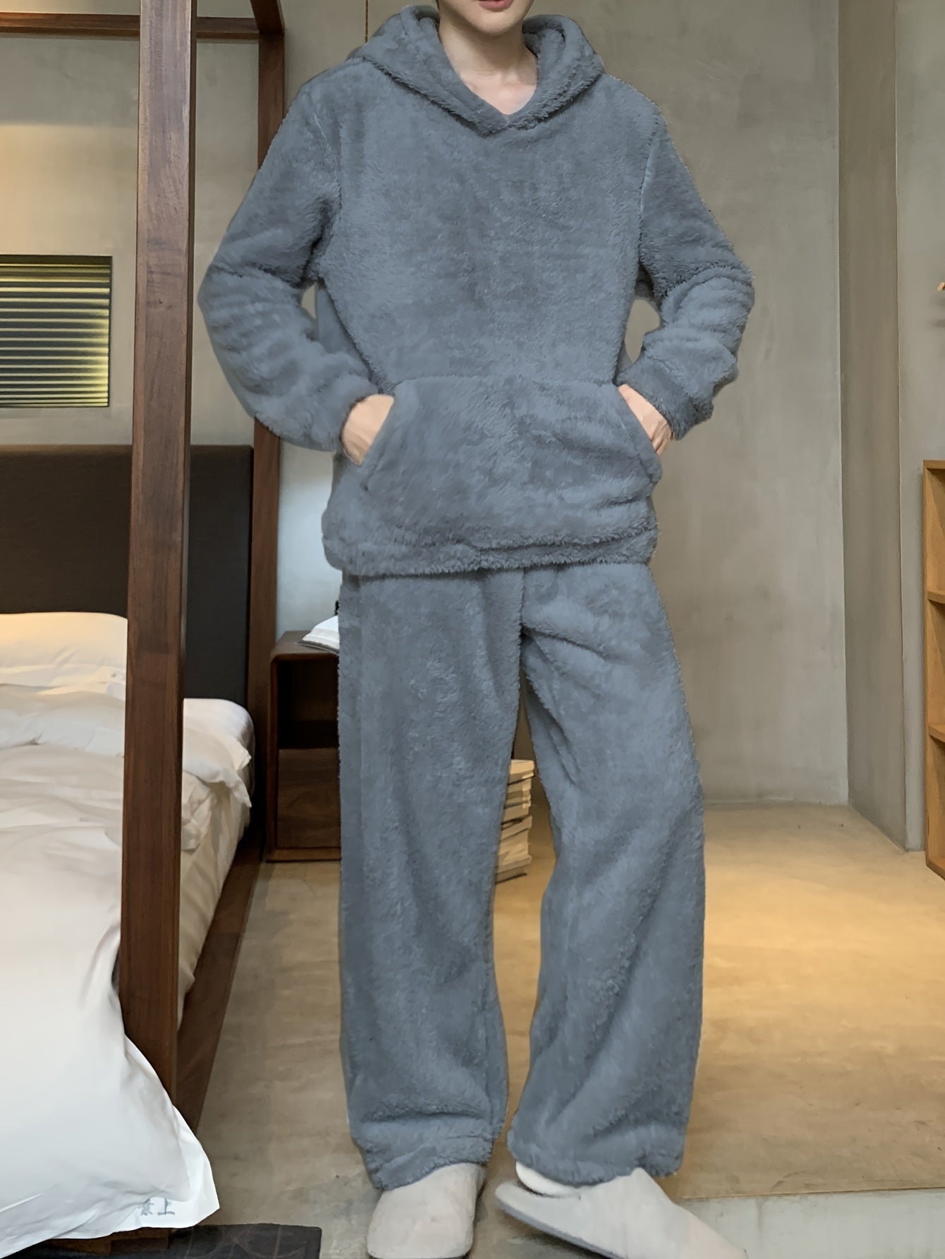 Men's Coral Velvet Pajamas Autumn and Winter Thickened Velvet Winter Hooded Flannel Warm Youth Pajama Set