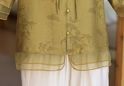 Elegante blusa de verão para mulher com estampado floral - Manga curta, gola mandarim, corte largo, verde-azeitona claro, perfeita para looks casuais. Blusa casual | Blusa com estampado floral | Camisola com gola mandarim