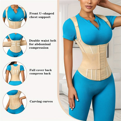 Polyamide Women's Waist Trainer Corset - Back Support with Dual Waist Straps, Adjustable Shoulder Straps, Hard Control Knit Fabric Cincher, Breathable with Steel Frame Support, 72.7% Polyamide 27.3% Elastane, Washable - 1 Pc