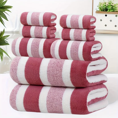 8pcs Set of Lint-Free, Super Absorbent And Super Soft Five-Star Hotel Standard Two-Color Striped Bath Towel Set, Including 2 Large Bath Towels, 2 Large Face Towels And 4 Hand Towels - Quick Drying | with Hanging Loop | Light