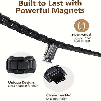 Pulseira magnética para homem em aço titânio com ímanes de 3500 Gauss – Design texturizado preto, presente elegante para o Dia do Pai, acessório de bem-estar | Estilo sofisticado | Joia durável, joia magnética
