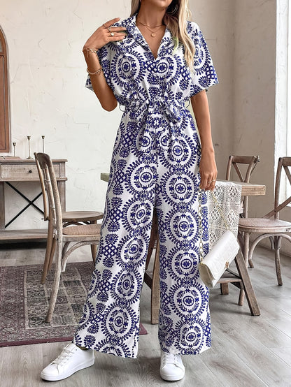 Women's Elegant Ethnic Floral Print Long Sleeve Jumpsuit - Navy Blue & White Retro-Inspired Button-Front Romper, Machine Washable Spring/Summer Dress for Casual & Formal Occasions, Floral Print Dress, Summer Outfit, Nontransp