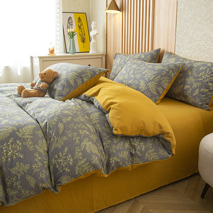 Dark Vine Pattern 4-Piece Vintage Small Floral Bedding Set. Includes 1 flat sheet, 1 duvet cover, and 2 pillowcases. Machine washable polyester. Breathable and easy to clean. Does not contain down duvet or pillowcases.