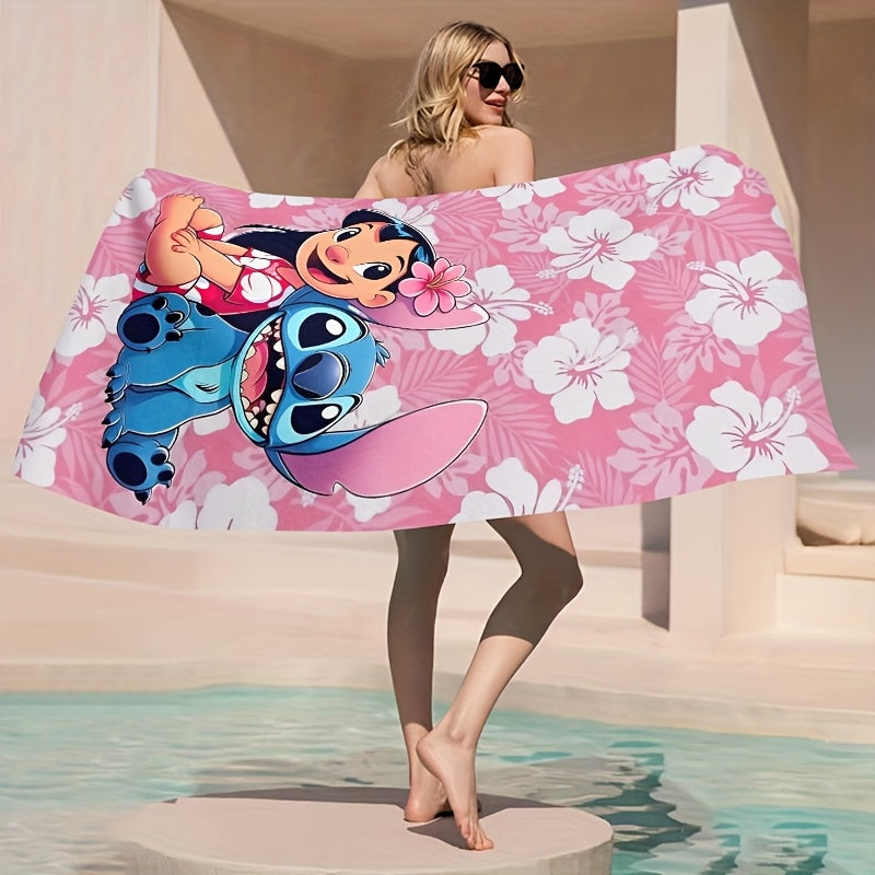 1pc Lilo & Stitch Beach Towel - Pink Floral Design, Soft Microfiber, Perfect for Yoga, Travel, Swimming, Beach, Fitness, Camping, Bathroom - Ideal Valentine'S Day & Birthday Gift, Beach Accessories | Playful Design | Durable
