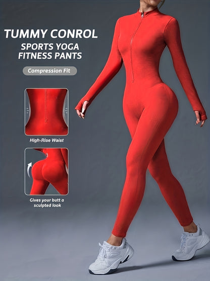 Women's Full-Length Zipper Jumpsuit - Full-Body Compression-like Fit (Tummy Control) - High-Elasticity Slim-Fit Long Sleeve Athleisure Suit for,, Dance - All-Season Outfit ( swear) - Easy-Care (No Bulk) -