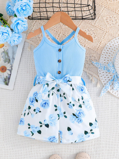 Girls' Summer Casual Floral Print Off-Shoulder Jumpsuit with Adjustable Waist Belt - Lightweight Breathable Shorts for Outdoor Play & Daily Wear, Blue & White Flower Design, Perfect for Weekend Outings, Cute Outfits for Girls