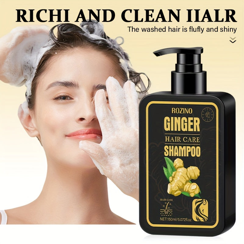 Champô Capilar de Gengibre ROZINO 150ml - Equilibra a oleosidade e a hidratação, fortalece as raízes, nutre os folículos com manteiga de karité, purifica o couro cabeludo para um cabelo suave e hidratado.