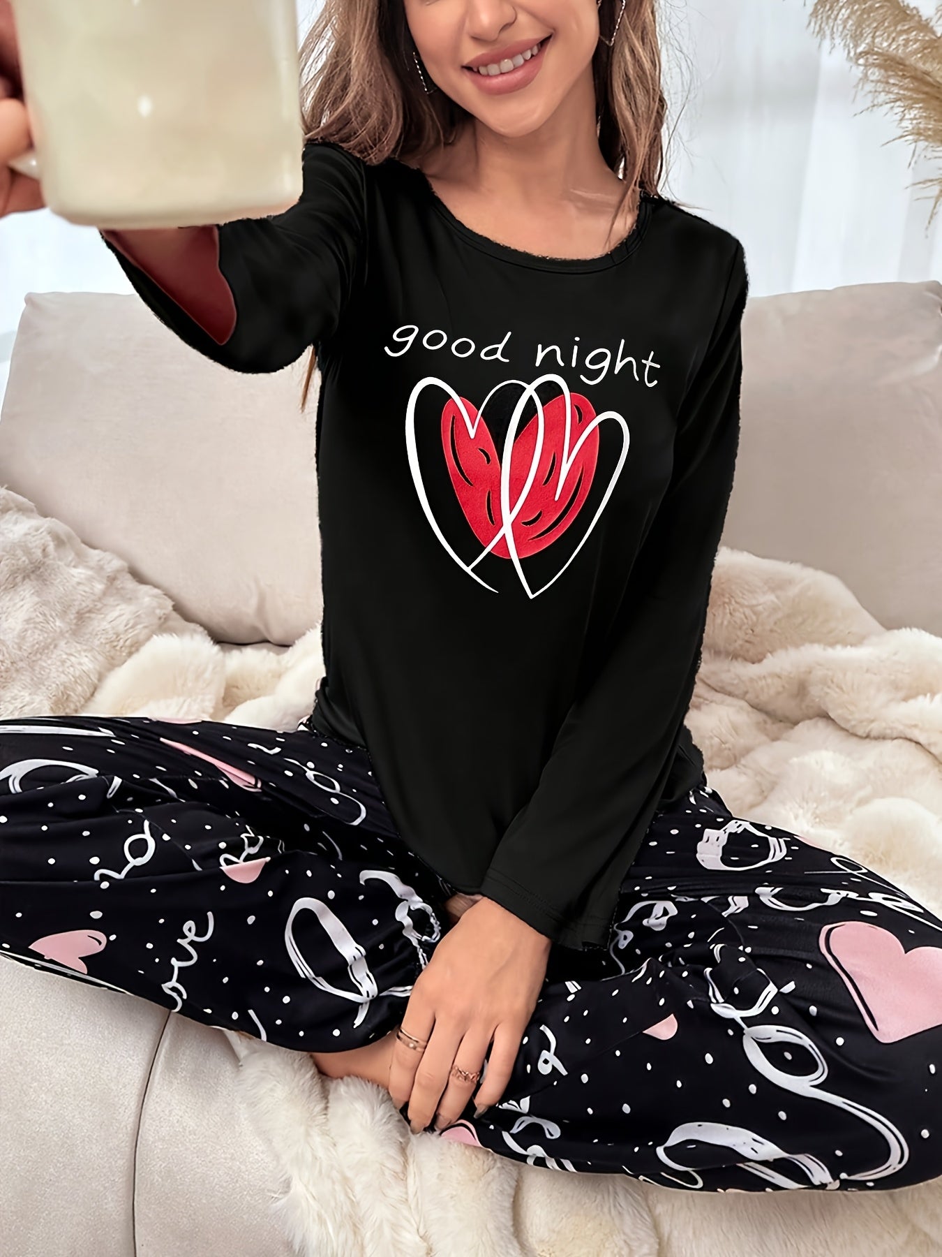 Autumn and Winter Women's Pajama Set with Long Sleeves, Pants, Cute Cartoon Heart Letter Print, Casual Loungewear for All Seasons