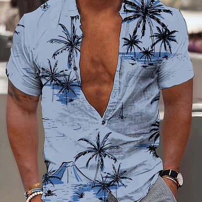 Camisa de homem de manga curta com estampado de coqueiros, ideal para o dia a dia em resorts e para a praia.