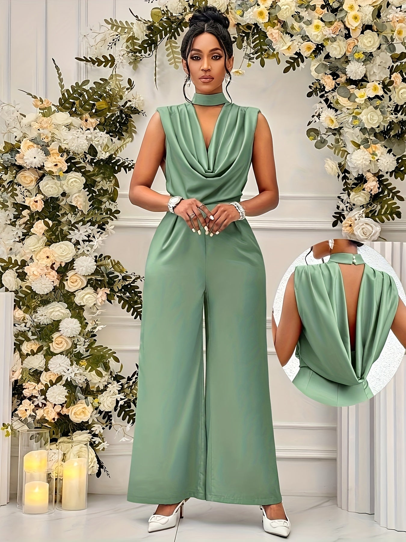 Women's Elegant High-Waisted Sleeveless Wide-Leg Jumpsuit - Beige Stand Collar Non-Stretch Machine Washable All-Season Versatile Outfit for Casual & Formal Events (NS702), Event Clothing | Sophisticated Style | Sophisticated