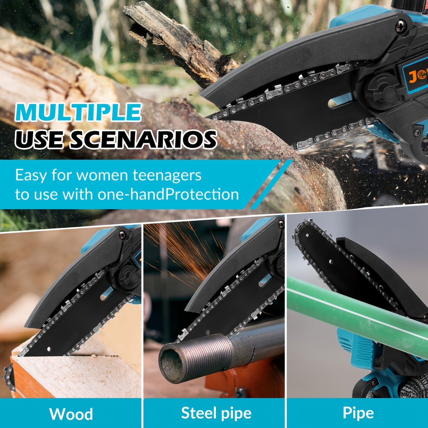 Mini motosserra sem fios Jemi Tool de 15,24 cm com bateria de 1/2×21 V, potente motosserra elétrica portátil com lubrificação automática, leve (1,0 kg), fácil de utilizar para podar, cortar e aparar.