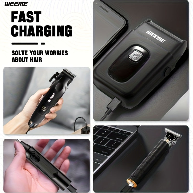 WEEME 4pcs for Man's Grooming Kit Electric Hair Clipper + Beard Trimmer + Shaver + Nose Hair Trimmer, USB Rechargeable with LCD Display | Perfect Gift for Dad, Husband, Boyfriend (Father's Day/Birthday)