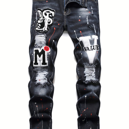 Patch Splatter Ripped Jeans, Men's Casual Street Style Distressed Slim Fit High Stretch Denim Pants For Spring Summer