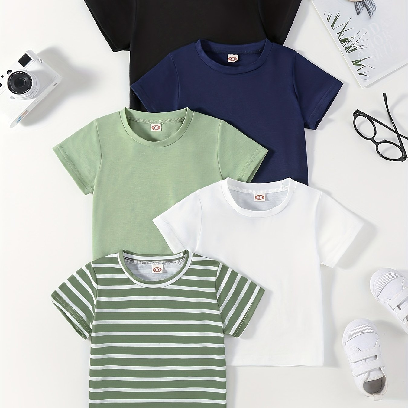 5pcs Solid Color & Striped Round Neck T-shirt Tees Tops Casual Soft Comfortable, Boys And Girls Summer Clothes