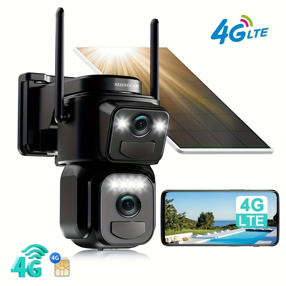 Solar-Powered 2G/3G/4G LTE Security Camera, 360° Viewing Angle, Includes SIM Card, Color Night Vision, PIR Motion Detection with Siren Alerts,4G Connectivity, Adjustable Height, Rechargeable Battery - Ideal for Rural Propert