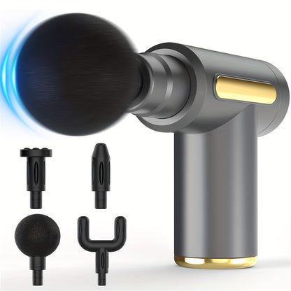 O massajador portátil vem com quatro cabeças de massagem intercambiáveis, tem um ecrã LED, pode ser carregado via USB, opera com uma voltagem de ≤36V, é alimentado por uma bateria de lítio 18650 e foi concebido para uma utilização multifuncional.