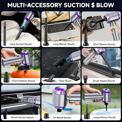 Aspirador portátil sem fios de alta potência 20000PA, mini aspirador 4 em 1 com compressor, soprador de ar e bomba, com motor sem escovas, ideal para carro, casa, escritório, campismo e limpeza de pó de teclados de computador e portáteis.