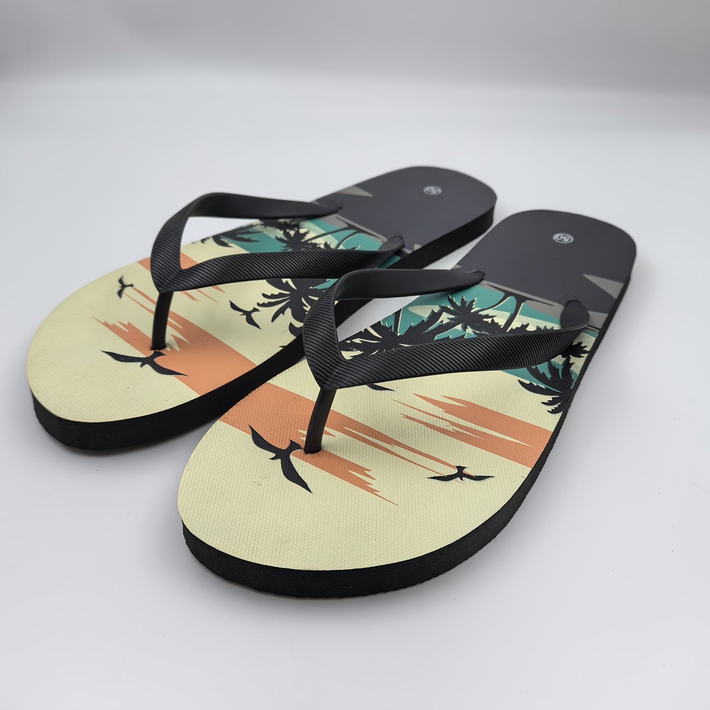 Men's Oversized Slip-On Flip Flops with Tropical Palm Tree & Sunset Print - Non-Slip Beach Sandals, Cushioned EVA Sole & Arch Support, -Resistant PVC Upper for Pool, Vacation, Casual Wear - Wide Widths Available, Vacation Foo