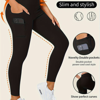 High-Waisted Leggings with Slim-Fit Double Pocket Design - Burgundy/Black/White/Navy Blue - All-Season Pants, Tummy Control & Butt-Lifting for,, Casual Wear - Hand Washable Stretchy Bottoms