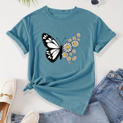 T-shirt casual para mulher com estampado floral de borboletas e margaridas, gola redonda - Verde azeitona, Lavável à máquina, Modelagem regular para looks casuais, Moda para todas as estações, Estilo descontraído, Tecido não transparente