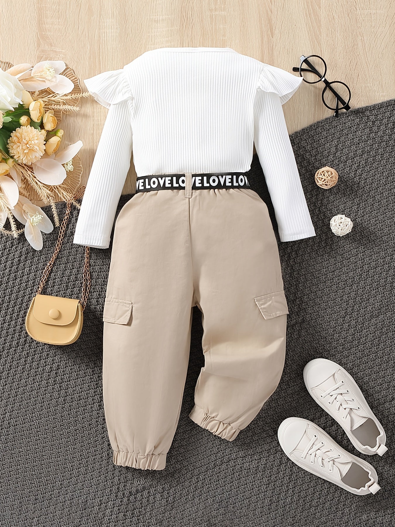 2pcs Baby Girls Ruffle Long Sleeve Round Neck Knitted Top &amp; Cargo Pant Set Kids Outdoor Clothes