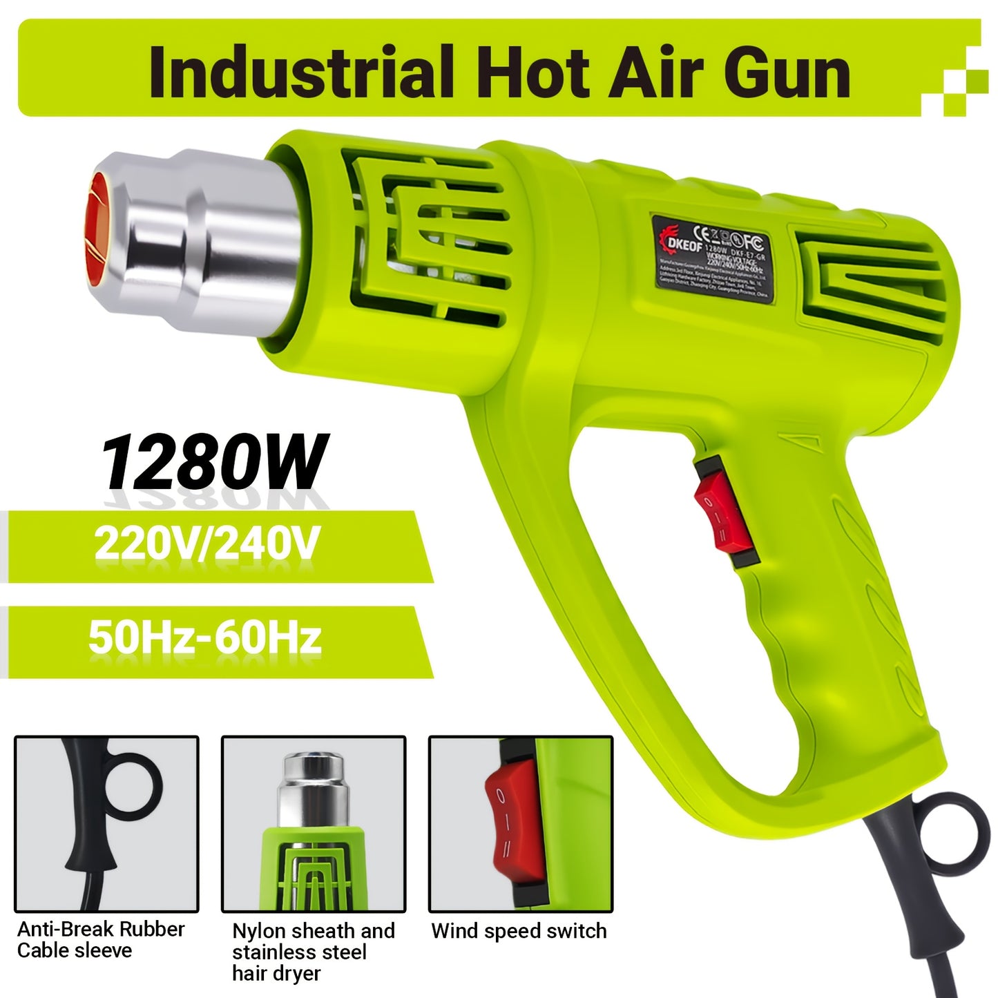 Kit de pistola de ar quente DKEOF 1280W para serviço pesado com definições de temperatura dupla (150°C/650°C), proteção contra sobreaquecimento, aquecimento rápido, cabo ergonómico e construção durável - para encolher PVC e soldar.