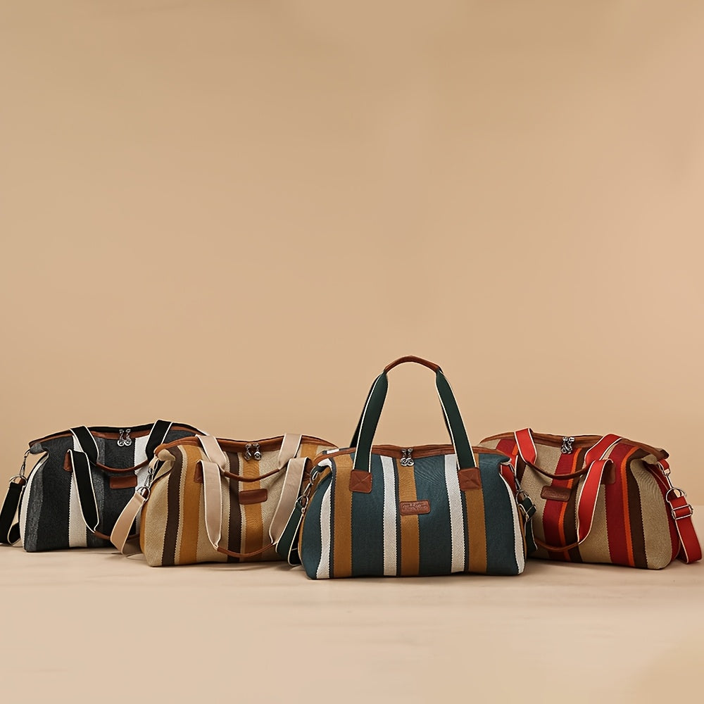 HUOHUO Women's Large Capacity Retro Striped Travel Handbag & Carry-On Luggage - Lightweight Nylon Suitcase with Adjustable Strap, Golden-Tone Hardware, Zipper Closure & Lining - Casual & Formal Use for Airplane, Train, Car Tr