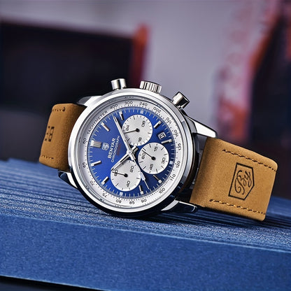 BENYAR Top Brand Men's Watches Sport For Men Multifunction Chronograph Black Fashion Quartz Wristwatches Calendar With Leather Strap
