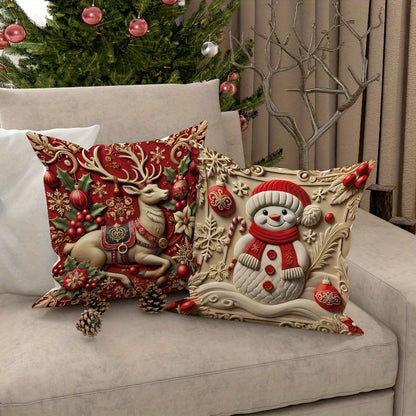 4pcs Festive Velvet Throw Pillow Covers, Christmas Santa, Reindeer, Snowman, and Tree Designs, Soft Comfortable Cushion Cases for Home Sofa and Bed Decor, Contemporary Style, Zippered Linen Fabric, Machine Washable