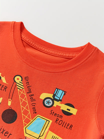 Boys' Cotton Short Sleeve T-Shirt with Cartoon Excavator Print, Breathable Summer Trend