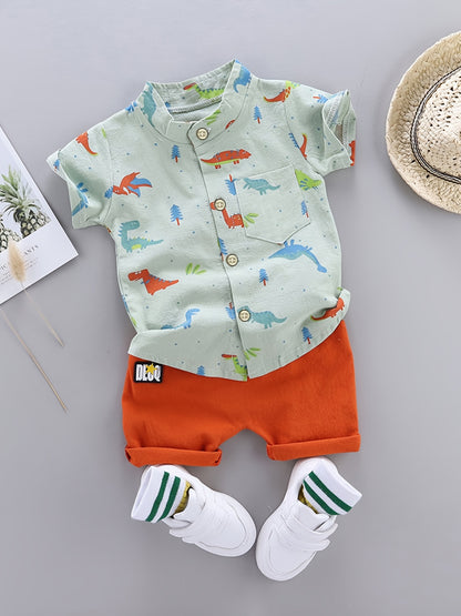 2pcs Baby Boys Dinosaur Print Button Short Sleeve Shirt Top &amp; Elastic Waist Shorts Set Toddler Summer Clothes For Daily &amp; Outdoor Wear