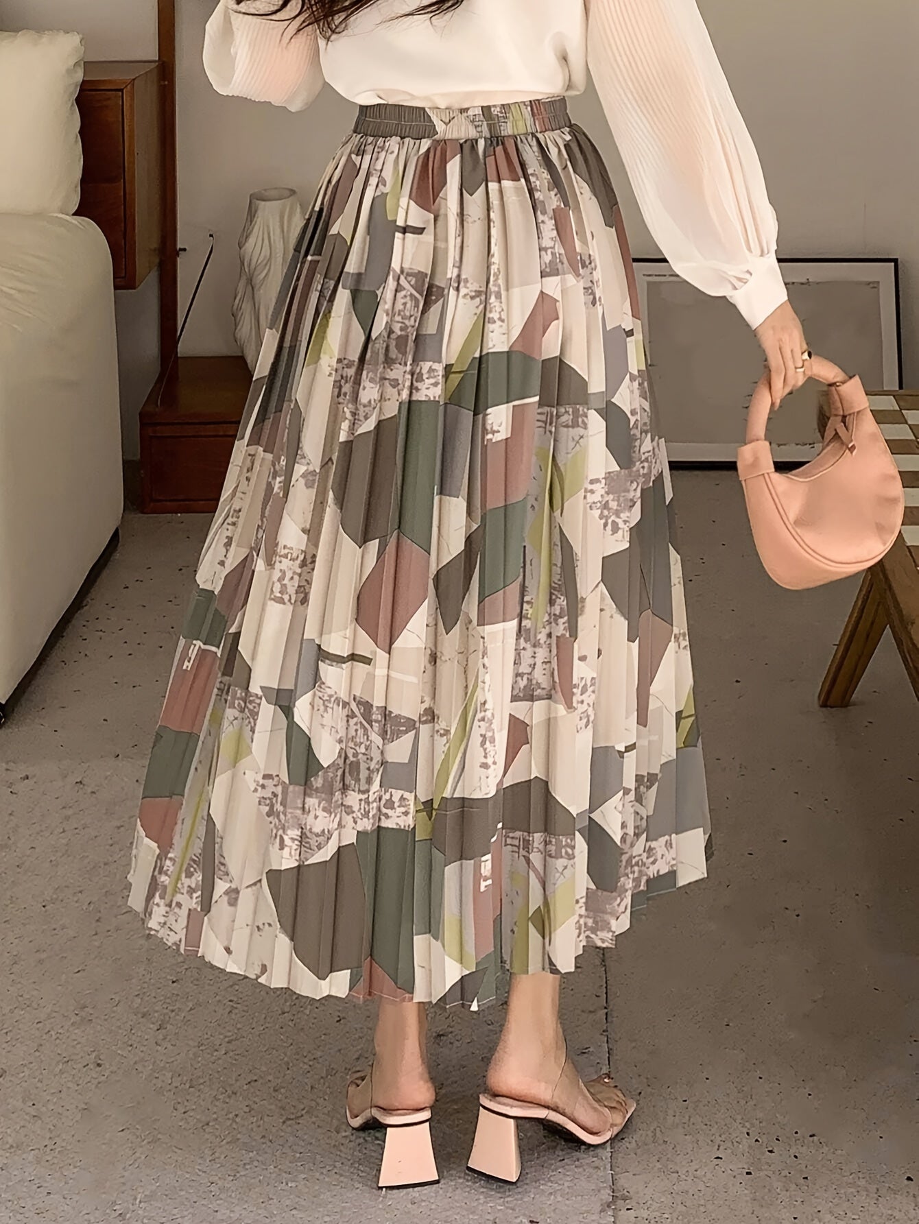 Elegant Geometric Pattern Pleated Midi Skirt for Women - Versatile, Fashion-Forward, Non-Stretch Polyester Fabric, Machine Washable - Perfect for All Seasons, Allseason Wear|Asymmetrical Hemline|Comfortable Fit