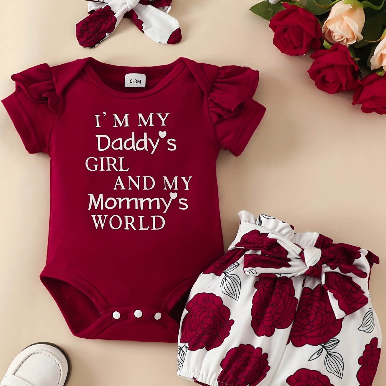 3pcs Short Sleeve &amp; Shorts Set for Newborns - "I'm Daddy's Girl" Letter Print Pants and Headband, Mommy's World Alphabet Kids' Outfit, Perfect for Outdoor