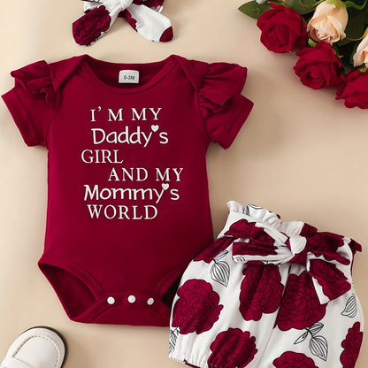 3pcs Short Sleeve &amp; Shorts Set for Newborns - "I'm Daddy's Girl" Letter Print Pants and Headband, Mommy's World Alphabet Kids' Outfit, Perfect for Outdoor