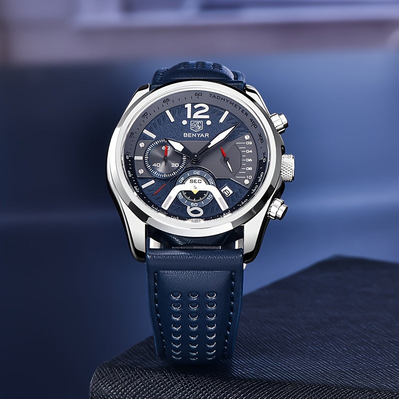 BENYAR Men's Quartz Chronograph Watch with Faux Leather Strap, 30m Waterproof, Fashionable Sport and Business Design, Elegant Gift for Men, Multifunctional, Calendar