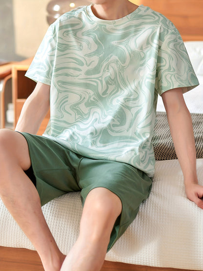 Men's Cotton Pajamas Set For Summer, Casual Thin Printed Short Sleeve Crew Neck T-shirt Graphic Tees & Shorts, Men's Loungewear Set Sleep Set
